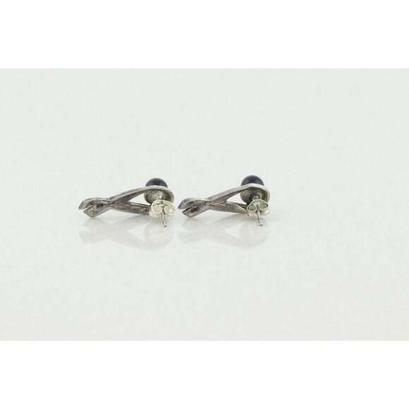 Sterling Silver Marcasite Ribbon Earrings with Black Bead Stud Post - Picture 9 of 9